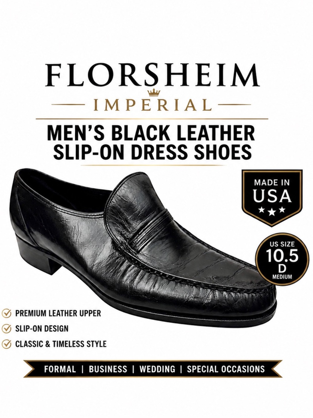 Florsheim Imperial Men’s Black Leather Slip-On Dress Shoes US 10.5 D Made in USA